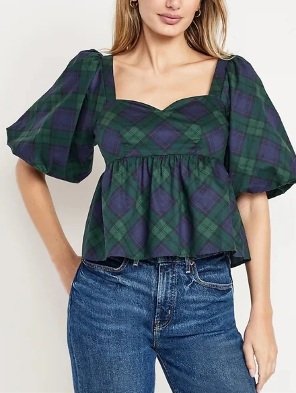 XL • Old Navy • Green and Navy Plaid Puff-Sleeve Peplum Top - Picture 4 of 4